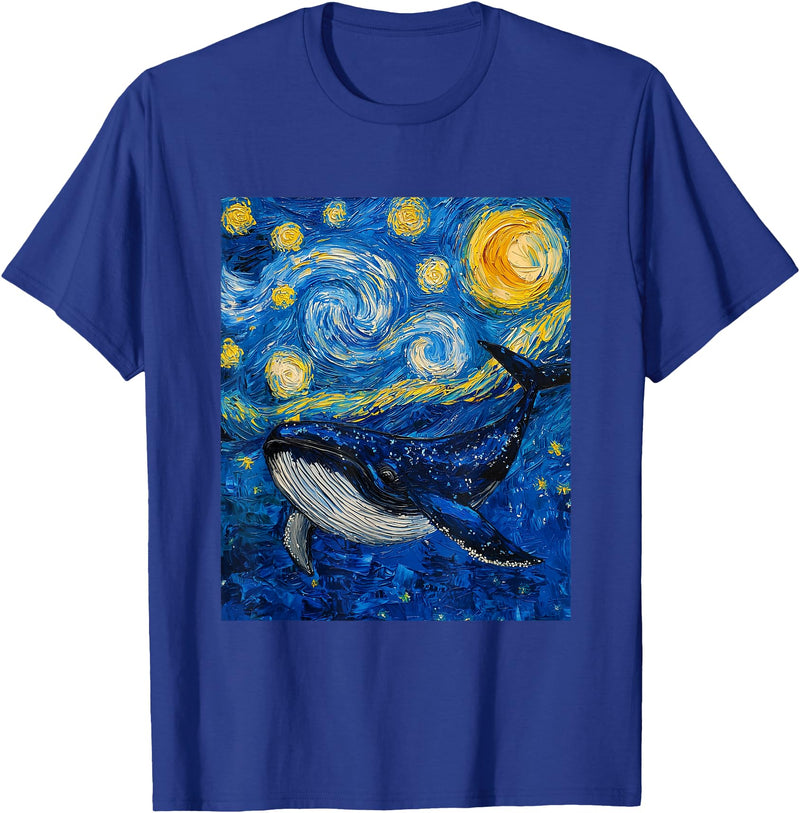 Whale Designs. Whale Fish Van Gogh Style Starry Night Sea Graphic T-Shirt - Royal Blue
