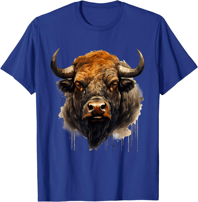 Safari Animal Art Buffalo Animal Print Portrait Bison Nature Artwork T-Shirt - Royal Blue