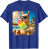 Funny Llama Popsicle Summer Ice Cream Rainbow Drip Funny Llama Eating Popsicle Summer Beach Animal Sunglasses T-Shirt - Royal Blue