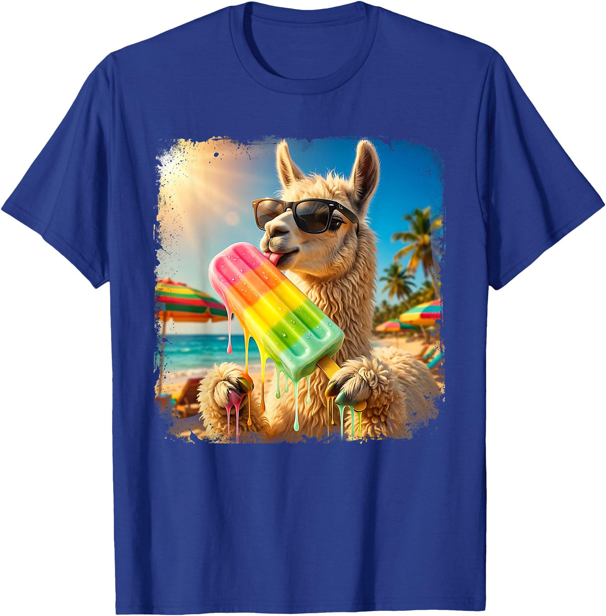 Funny Llama Popsicle Summer Ice Cream Rainbow Drip Funny Llama Eating Popsicle Summer Beach Animal Sunglasses T-Shirt - Royal Blue