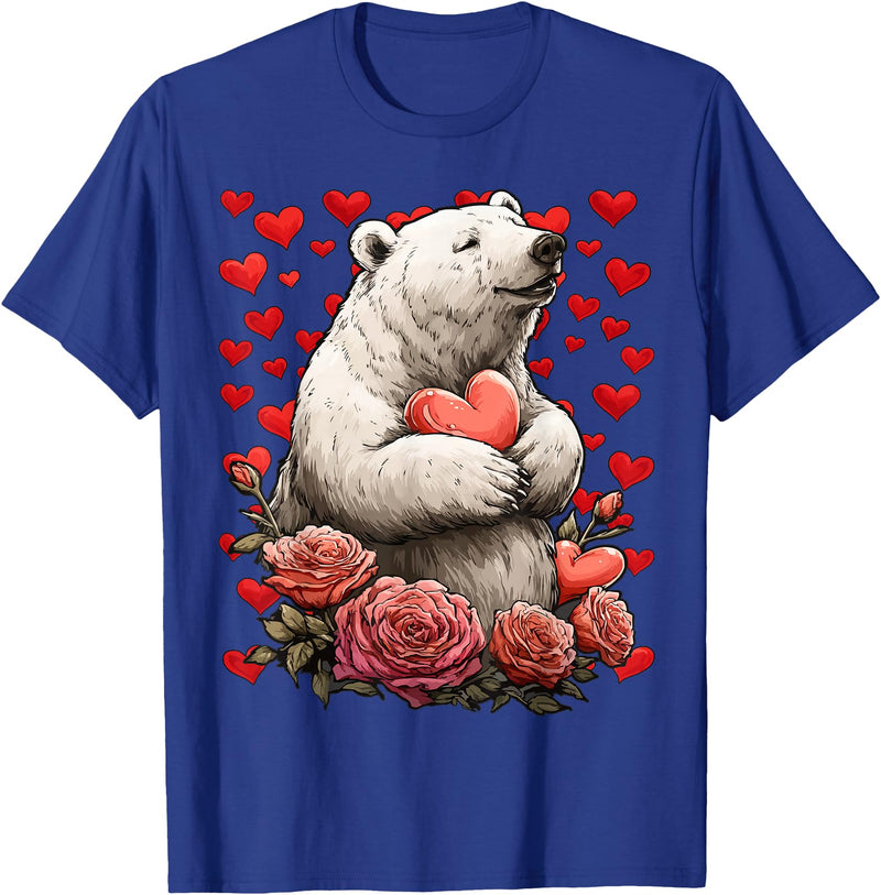 Romantic Animals Valentine’s Day Presents Cute Polar Bear with Red Roses Hearts Valentine’s Day Animal T-Shirt - Royal Blue
