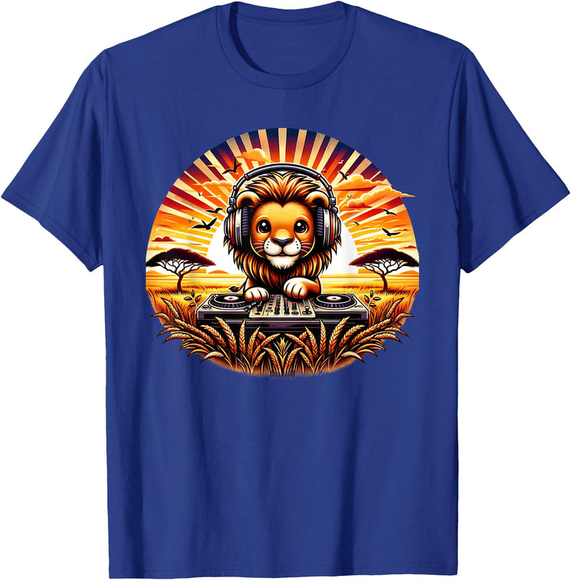 Funny Lion Graphic Apparel Co. Funny Lion Dj Headphones Animal Graphic for Men Boys Kids T-Shirt - Royal Blue