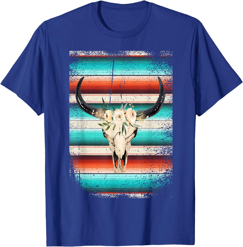 Funny Serape Cow BOHO designs Funny Serape Cow BOHO print Flower Rustic Turquoise T-Shirt - Royal Blue