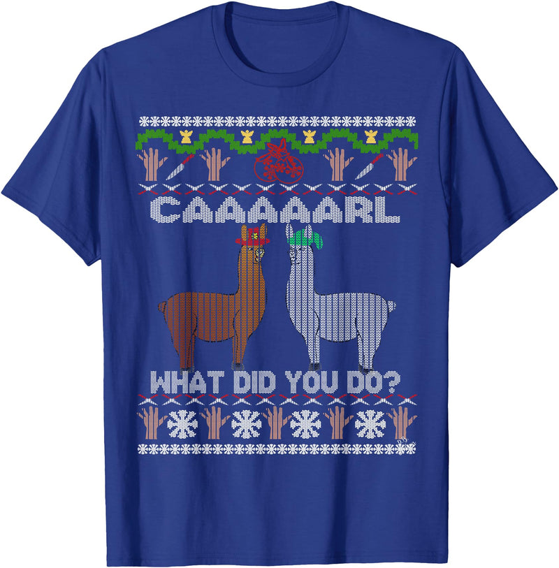 llama shirt collection by Jean Olivier funny llama with hats Christmas look carl what did you do T-Shirt - Royal Blue