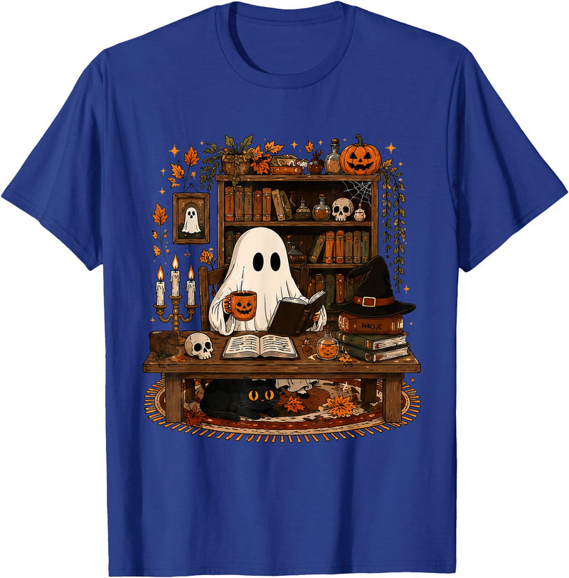 Retro Ghost Reading Funny Halloween Spooky Book Lover T-Shirt - Royal Blue