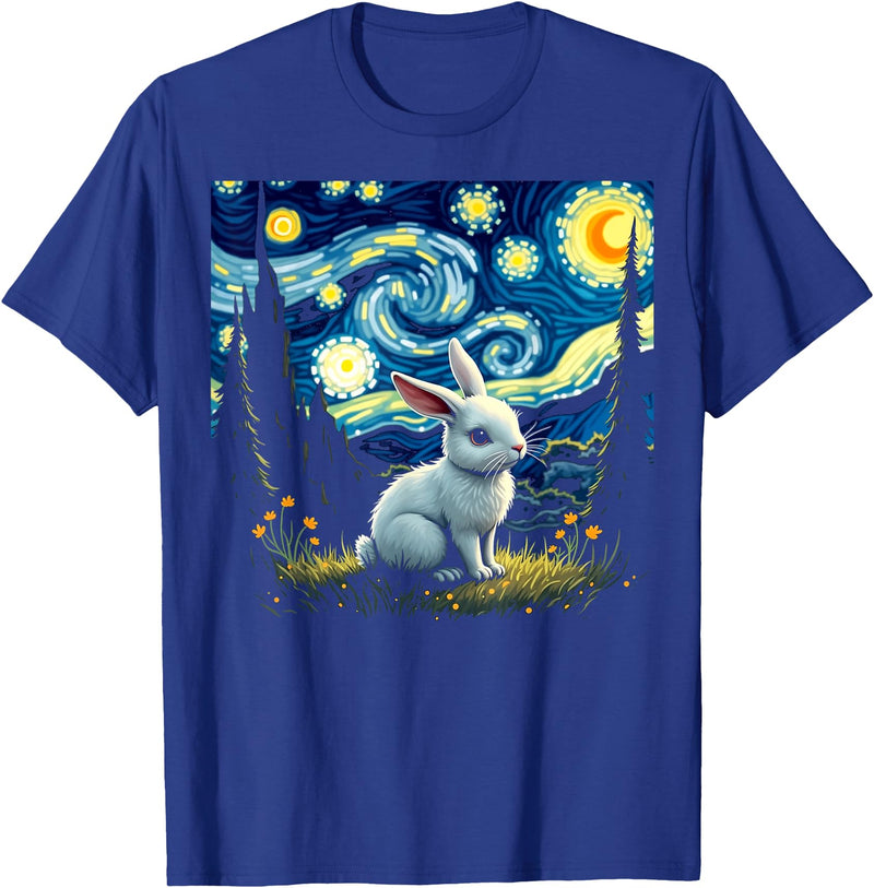 Rabbit Bunny Starry Night Van Gogh Graphic Art for Men Women T-Shirt in Royal Blue