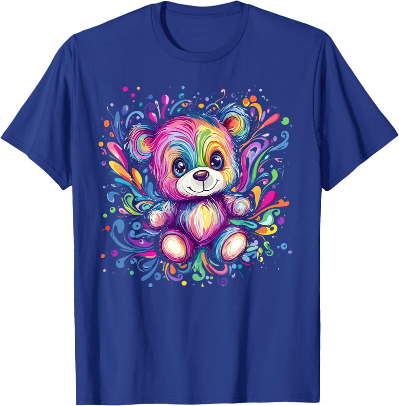 Vibrant Colorful Teddy Bear Illustration Rainbow Splash Teddy Bear T-Shirt - Royal Blue