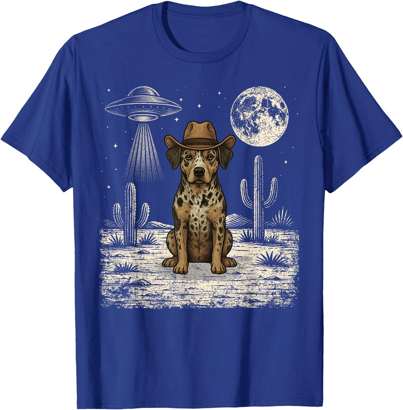 Retro Catahoula Leopard Dog Lover Halloween Moon Funny Catahoula Leopard Dog Cowboy Western UFO T-Shirt - Royal Blue