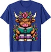 Funny Highland Cow Lover Highland Cow Book Floral Bookworm T-Shirt - Royal Blue
