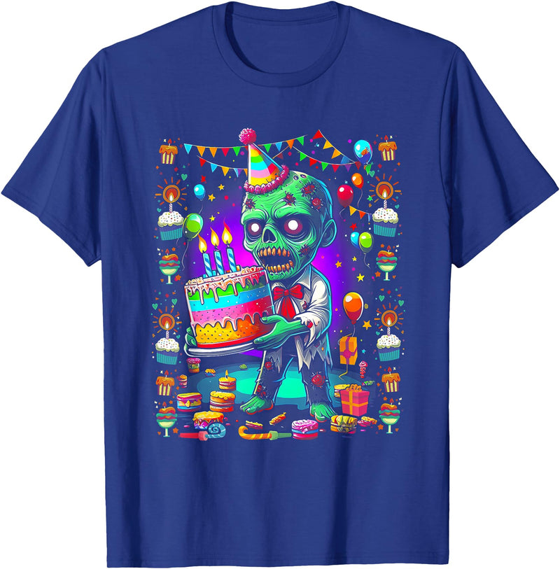 Zombie Holding Birthday Cake Halloween Birthday Horror Party T-Shirt - Royal Blue