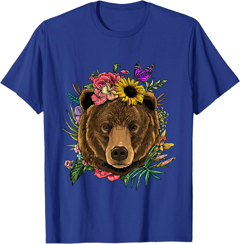 Wowsome! Bear Shirt Nature Floral Grizzly Bear Face Animal Bear Lover T-Shirt - Royal Blue
