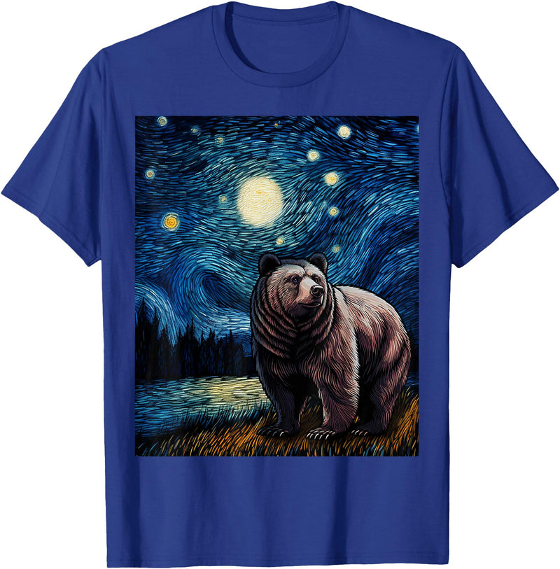 Starry Night Wildlife Graphic Grizzly Bear Van Gogh Starry Night Grizzlies Animal T-Shirt - Royal Blue
