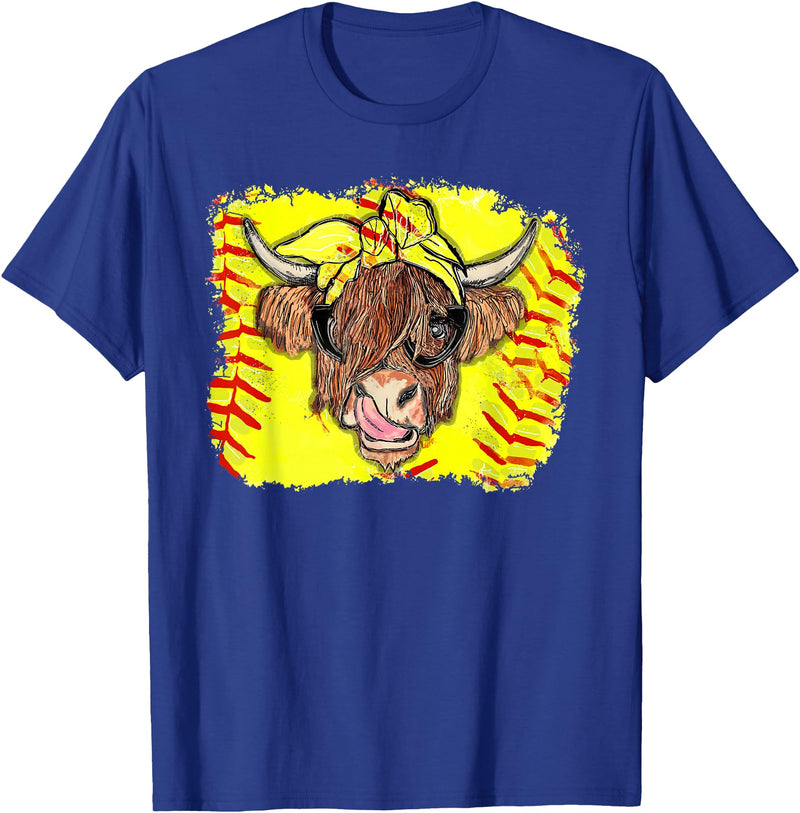 Softball Highland Cow With Bandana Glasses Happy Mother's T-Shirt - Royal Blue