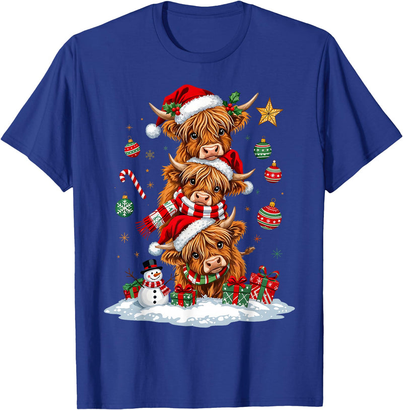 Highland Cow Christmas Winter Tree Farm Women Girl Funny Xmas Merry Moo Cows Highland Cow Christmas Snowman T-Shirt - Royal