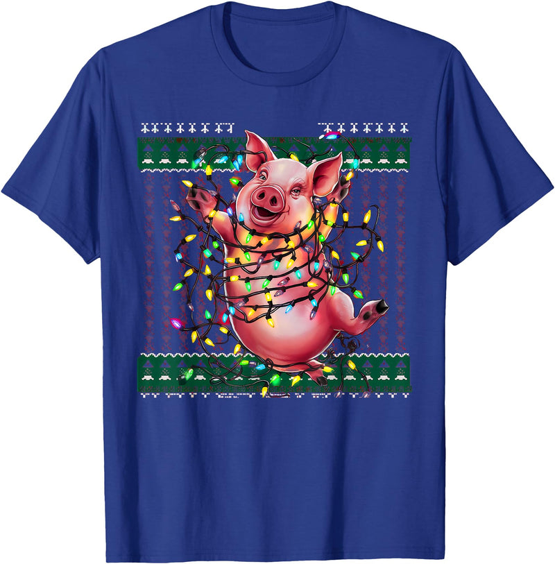 Christmas Sweater Tshirt For Men Women Santa Claus Christmas Family Xmas Ugly Christmas Outfit Merry Pig T-Shirt - Royal Blue
