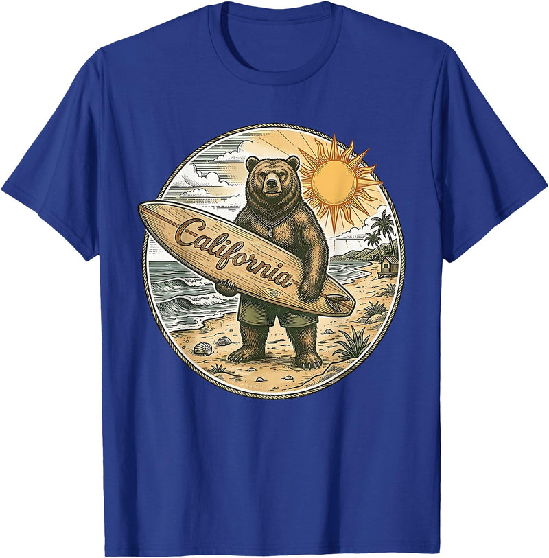 Retro Coastal Surf Bear Vintage Beach Apparel Vintage California Surf Bear Beach Retro Coastal Summer T-Shirt - Royal Blue