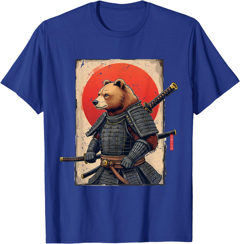 Japanese Samurai Bear Woodblock Art Samurai Brown Bear Ukiyo-e Ink Warrior Art Japanese Bear Art T-Shirt - Royal Blue