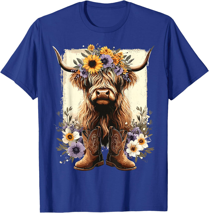 Funny Highland Cow lover Floral Highland Cow Cowboy Boots Western Country T-Shirt - Royal Blue