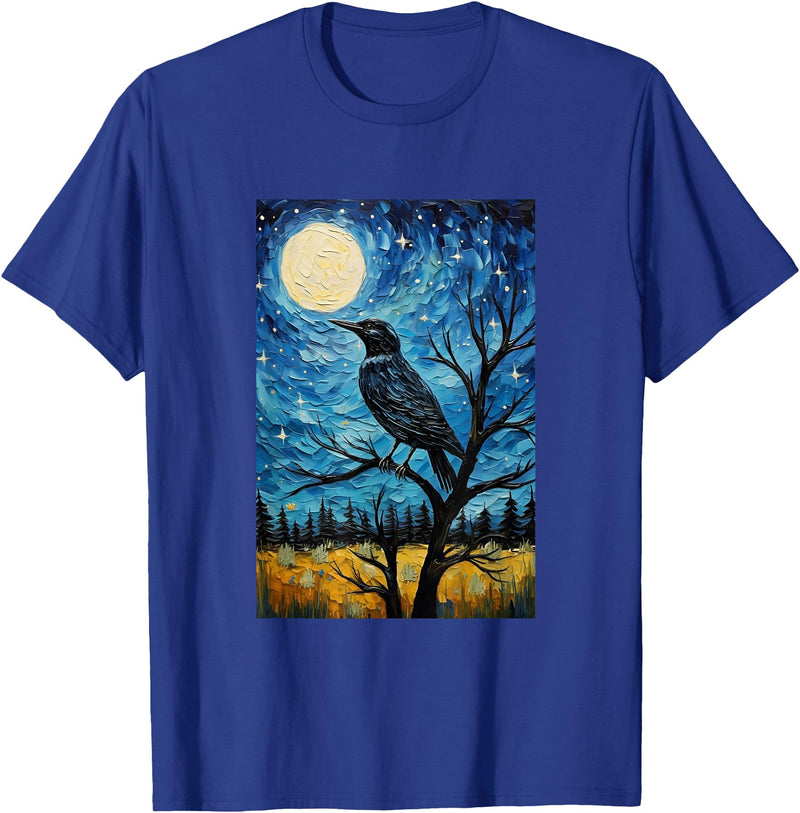Bird Designs. Magpie Crow Raven Bird Van Gogh Style Starry Night Graphic T-Shirt - Royal Blue