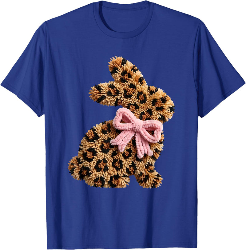 Funny Bunny Leopard Crochet Rabbit Easter Day Coquette Bow T-Shirt in Royal Blue