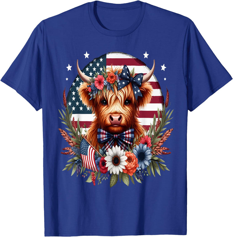 Funny July 4th Highland Cow Farm Lovers Gift Ideas Cute Highland Cow Florals 4th of July USA Flag Patriotic T-Shirt - Royal