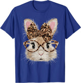 Cute Bunny Rabbit Face Leopard Coquette Bow Glasses Easter T-Shirt in Royal Blue