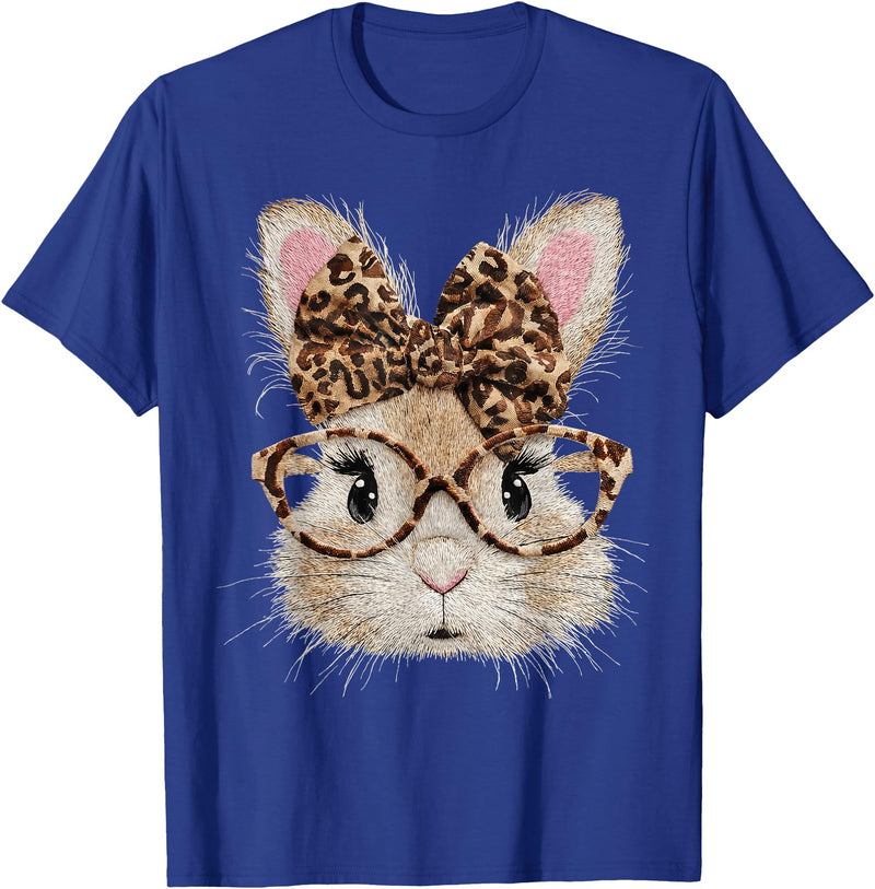 Cute Bunny Rabbit Face Leopard Coquette Bow Glasses Easter T-Shirt in Royal Blue