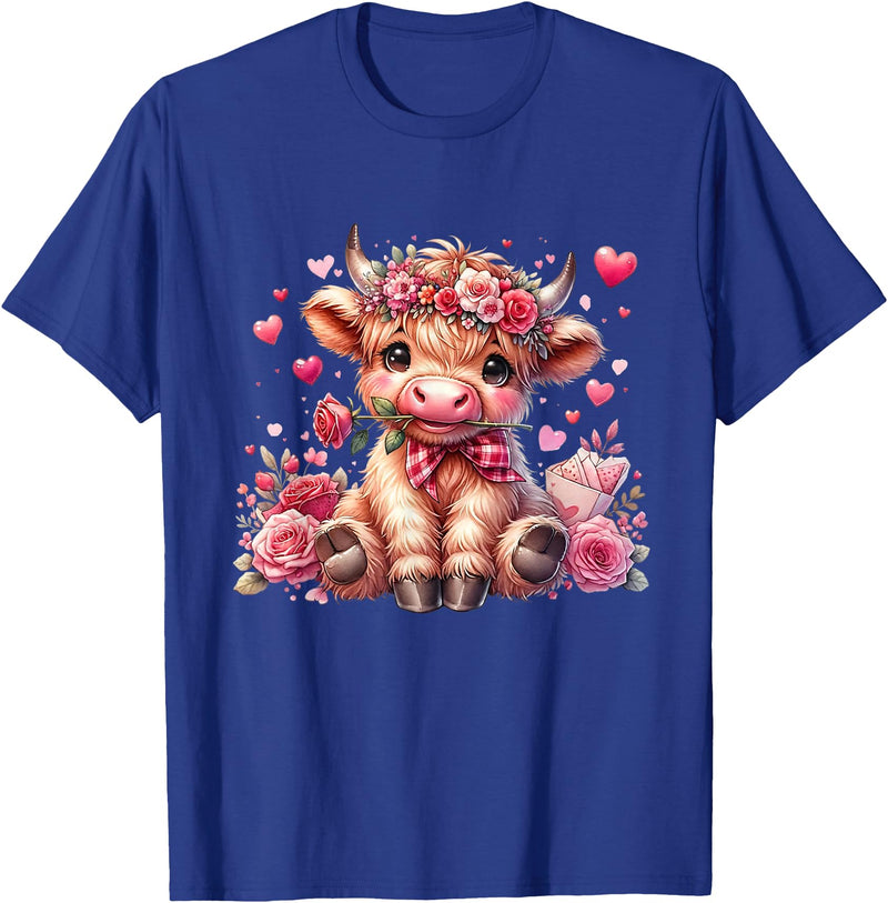 Happy Valentine Highland Cow Costume Love Clothing Valentine Highland Cow Print Cute Love Heart Flowers T-Shirt - Royal Blue