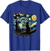 Cat Starry Night Van Gogh Cat T-Shirt for Cat Lovers, Women, Unisex, Black, Small, Short Sleeve, Classic Fit
