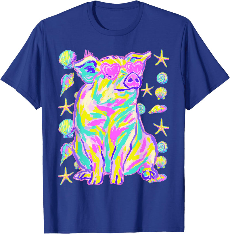 Coastal Summer Animals Beach Art Cute Pig with Hearts Sunglasses Seashells Coastal Summer T-Shirt - Royal Blue