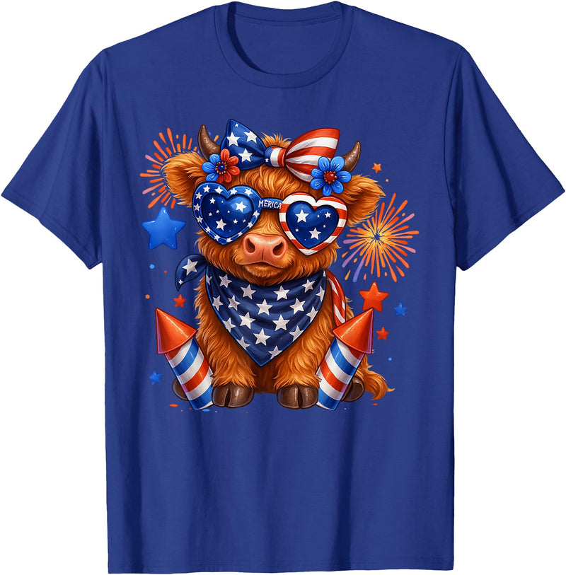 Cute Highland Cow 4th of July USA Flag Patriotic Cow Farmer T-Shirt - Royal Blue