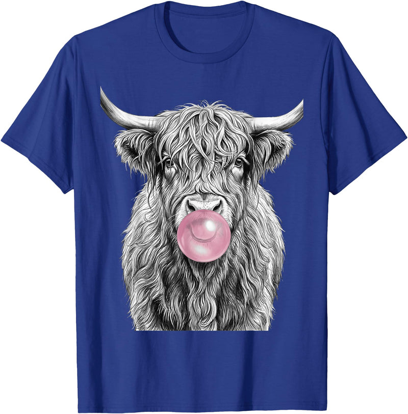 Bovine Bubbles Apparel Shaggy Highland Cow Blowing Bubble Gum Sketch T-Shirt - Royal Blue