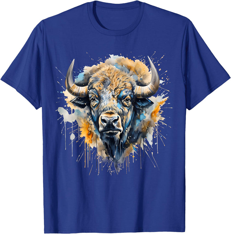 Safari Animal Art Buffalo Portrait Colorful Splash Artwork Wildlife Bison T-Shirt - Royal Blue