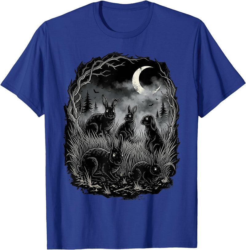 Midnight Woodland Rabbit Art Apparel Graphic Tees Creepy Black Rabbits Moonlit Forest Gothic Horror Halloween T-Shirt -
