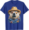 Whimsical Coastal Animals Beachgoers Cute Polar Bear with Sunglasses and Straw Hat Animal Summer T-Shirt - Royal Blue
