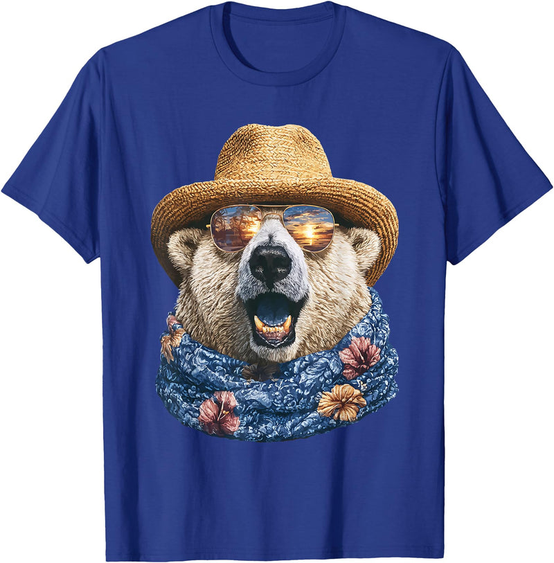 Whimsical Coastal Animals Beachgoers Cute Polar Bear with Sunglasses and Straw Hat Animal Summer T-Shirt - Royal Blue