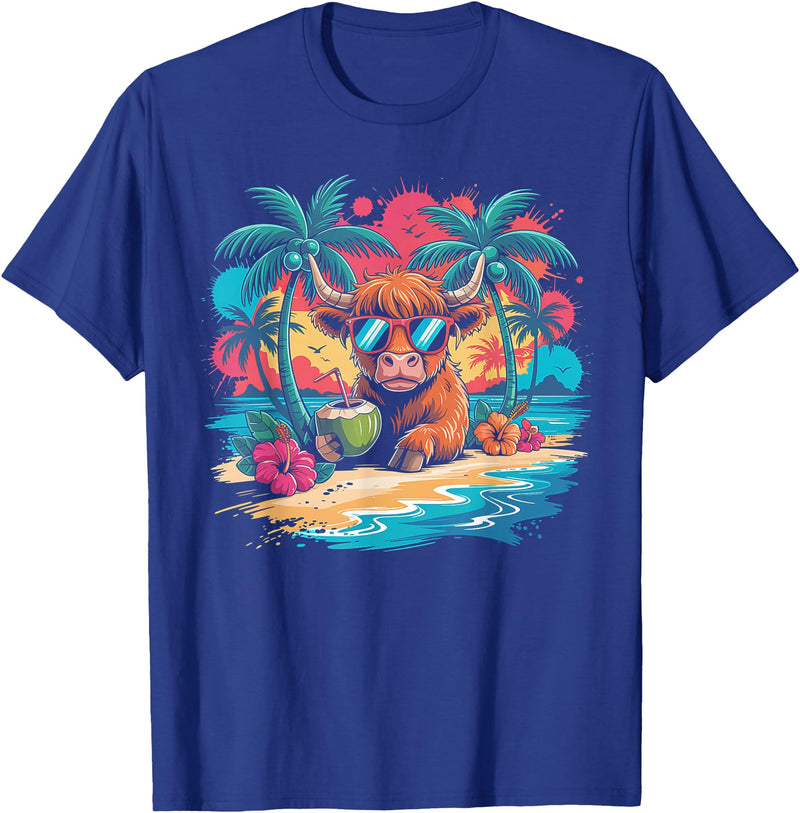 Summer Vibes Highland Cow Funny Beach Vacation Tee Tropical Highland Cow Summer Vibes Funny Beach T-Shirt - Royal Blue