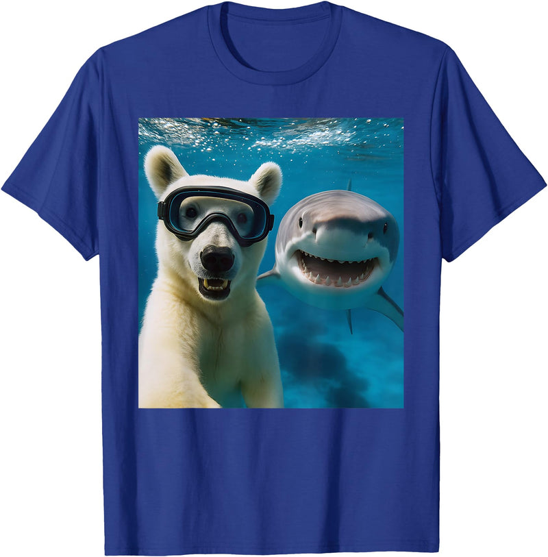 Selfie Polar Bear and Shark Summer Scuba Diving Funny Polar Bear Selfie with Shark Ocean Lovers T-Shirt - Royal Blue