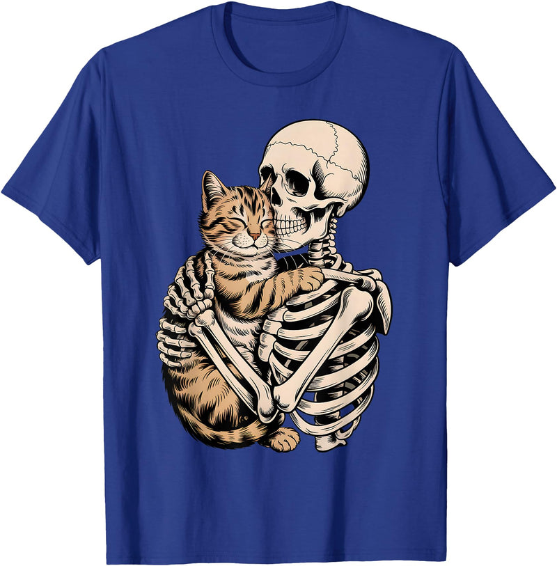 Halloween Skeleton Holding Cat Halloween Gift Idea Skeleton Hugging Cat Halloween Cat Lover Men Women Kids T-Shirt - Royal