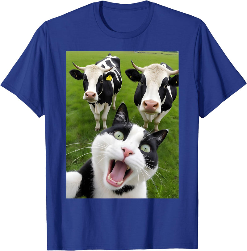 deep impression Funny Black and White Cat Cow Selfie T-Shirt - Royal Blue