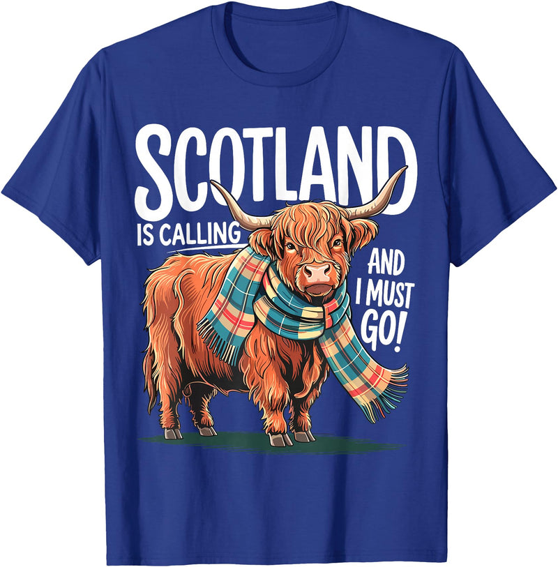 Funny Scottish Highland Cow Scotland is Calling and I Must go Scottish Highland Cow T-Shirt - Royal Blue