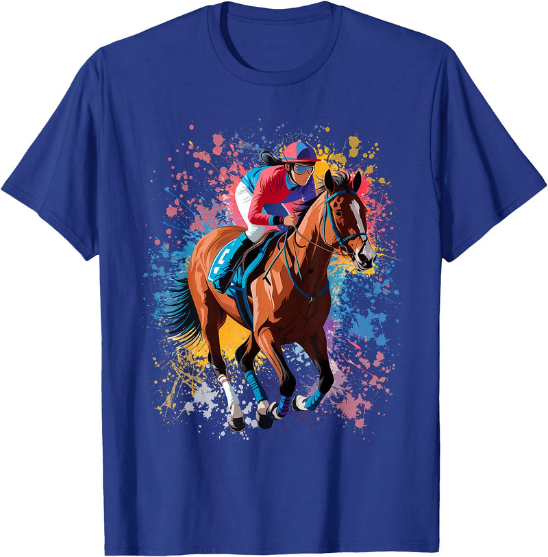 Horse Lover Gift Co. Colorful Jockey Girl on Womens Horse Racing T-Shirt - Royal Blue