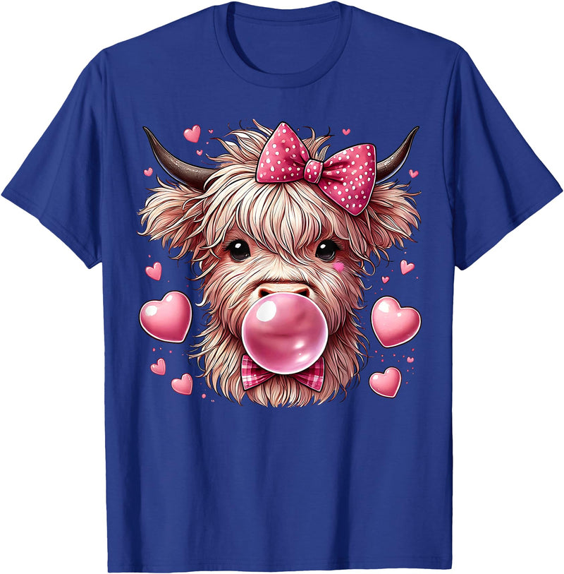 Highland Cow Land of NYC Highland Cow Valentines Blowing Bubble Bubblegum Hearts Bow T-Shirt - Royal Blue