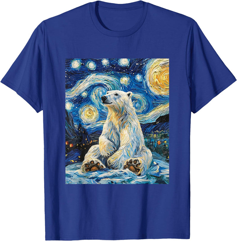 Bear Designs. Cute Polar Bear Van Gogh Style Starry Night Funny Graphic T-Shirt - Royal Blue