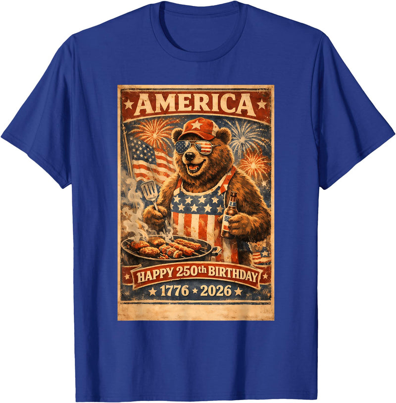 USA Birthday 250th American Spirit Tees All Ages Celebrate 250 Years with Fun Bear BBQ Graphic T-Shirt - Royal Blue