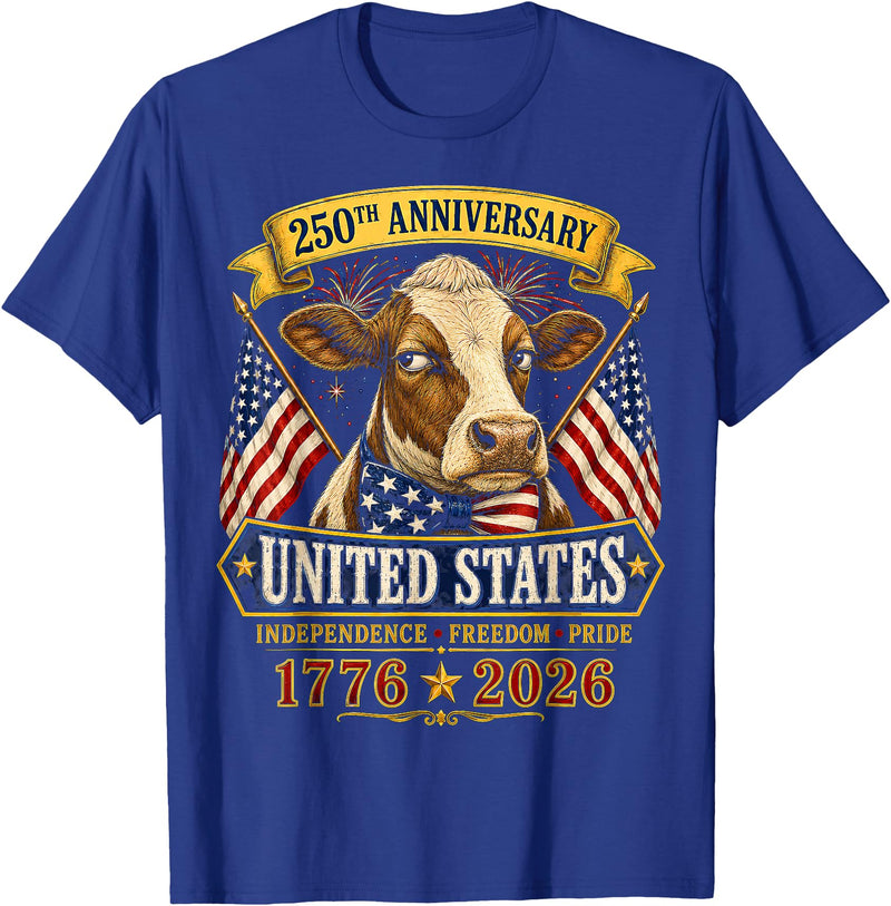 Patriotic 250 Years of Freedom 1776-2026 250 Years America Cow Patriotic USA 4th of July T-Shirt - Royal Blue