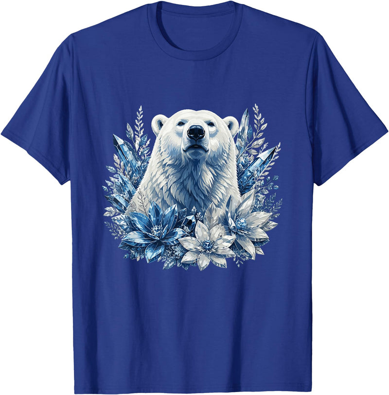 Arctic Polar Bear Winter Floral Nature Ice Blue Snow Polar Bear with Winter Flowers T-Shirt - Royal Blue