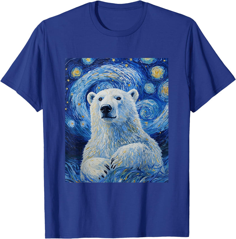 Bear Designs. Cute Polar Bear Van Gogh Style Starry Night Graphic T-Shirt - Royal Blue