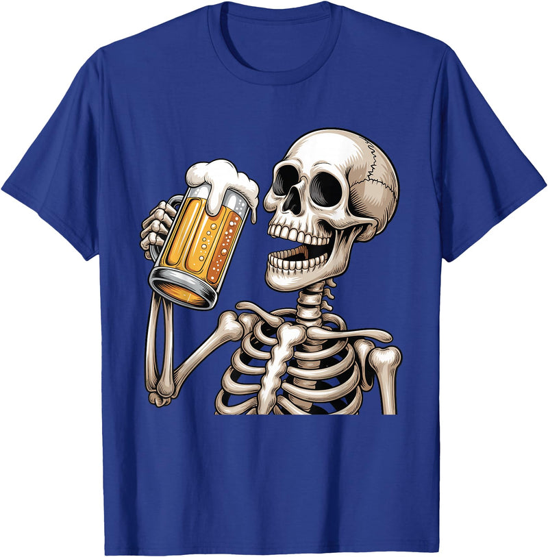 Halloween Skull Skeleton Drinking Beer Funny Kids Skeleton Drinking Beer Halloween Spooky Season Mens Womens T-Shirt - Royal