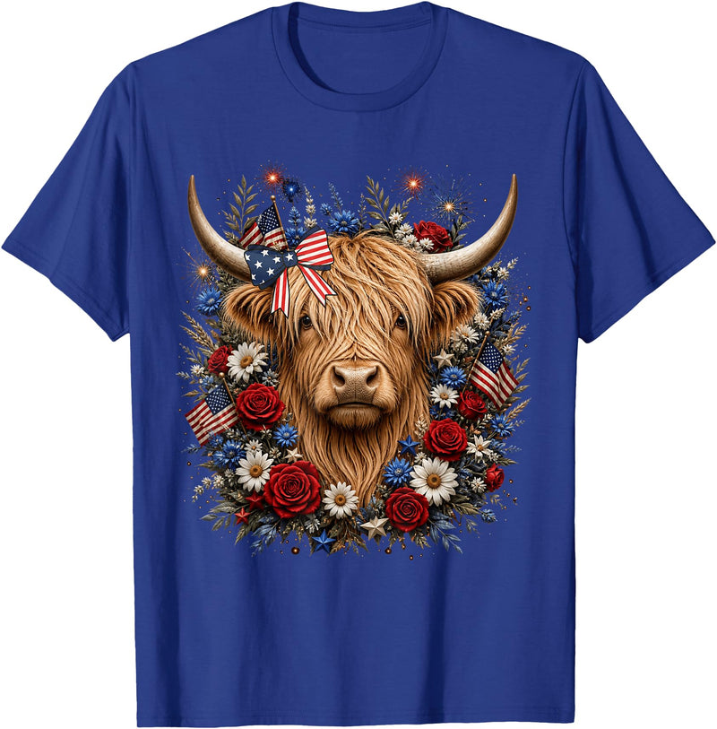 Funny July 4th Highland Cow Farm Lovers Highland Cow Florals 4th of July USA Flag Patriotic Women T-Shirt - Royal Blue